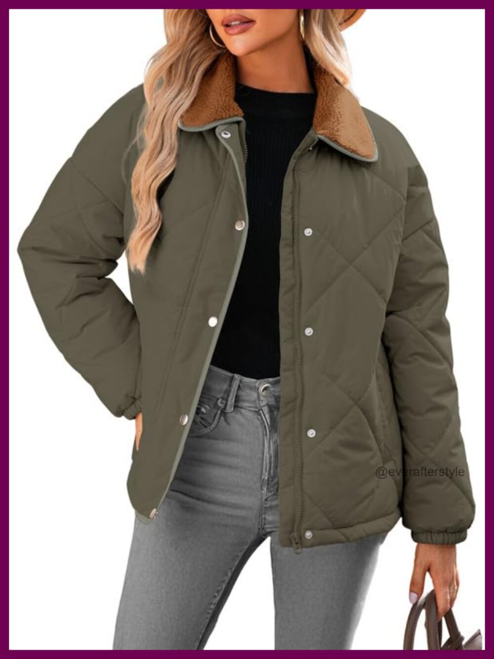 Quilted Puffer Jacket Snap Front Button Down Loose Fit Winter Coat